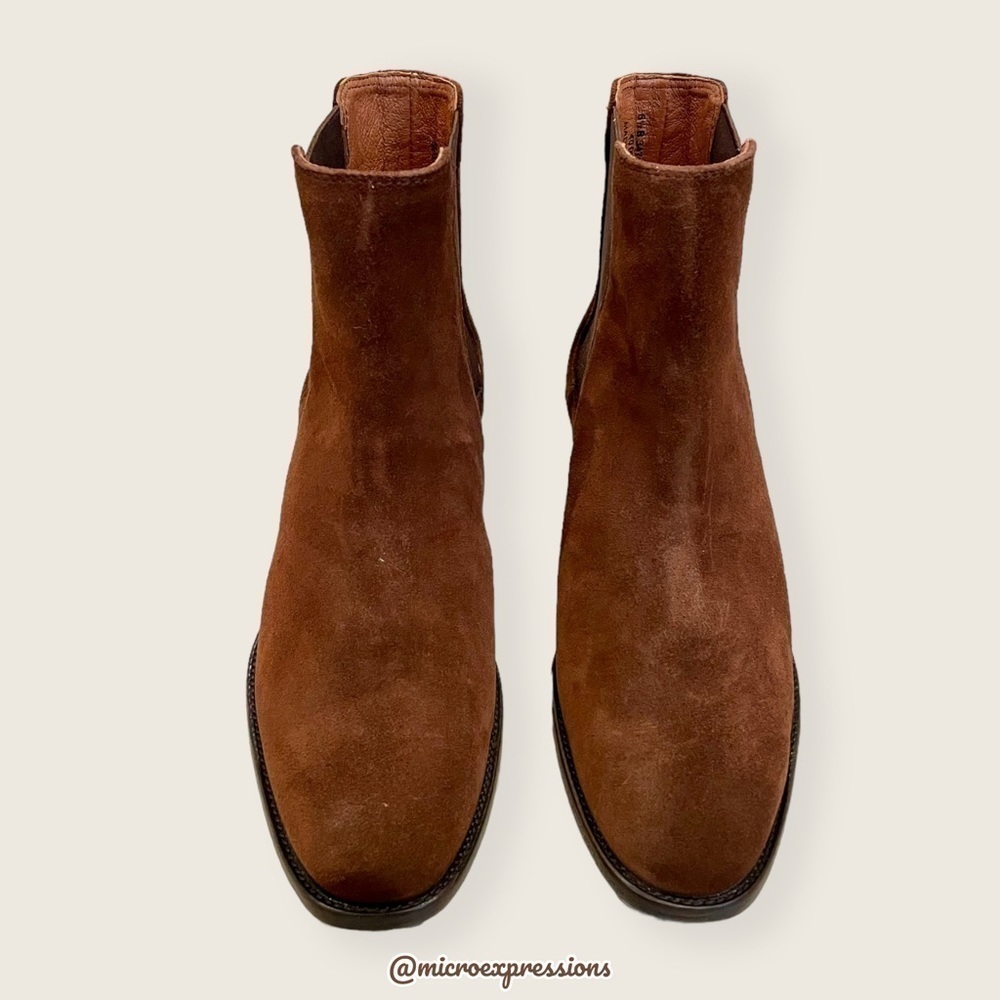 $359 Frye Dara Genuine Leather Brown Oiled Suede Chelsea Low Heel Ankle Boots - Picture 8 of 16